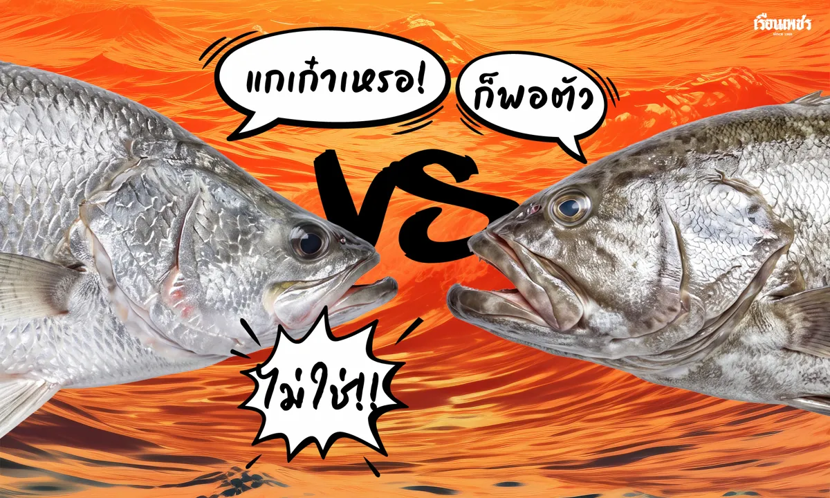 ภาพกราฟิกปลากะพงทางซ้ายหันหน้าหาปลาเก๋าทางขวา มีตัวอักษร “VS” คั่นกลางบนพื้นหลังสีส้ม พร้อมบทสนทนา “แกเก๋าเหรอ!” “ก็พอตัว” และ “ไม่ใช่!!”